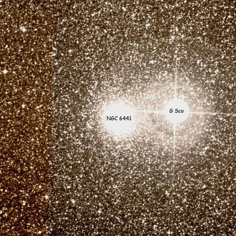 DSS image of region near globular cluster NGC 6441, also showing magnitude 3.2 star G Scorpii