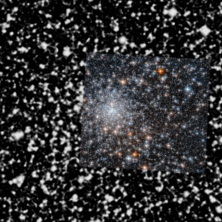 HST image of part of globular cluster NGC 6558 superimposed on DSS image to show relative position