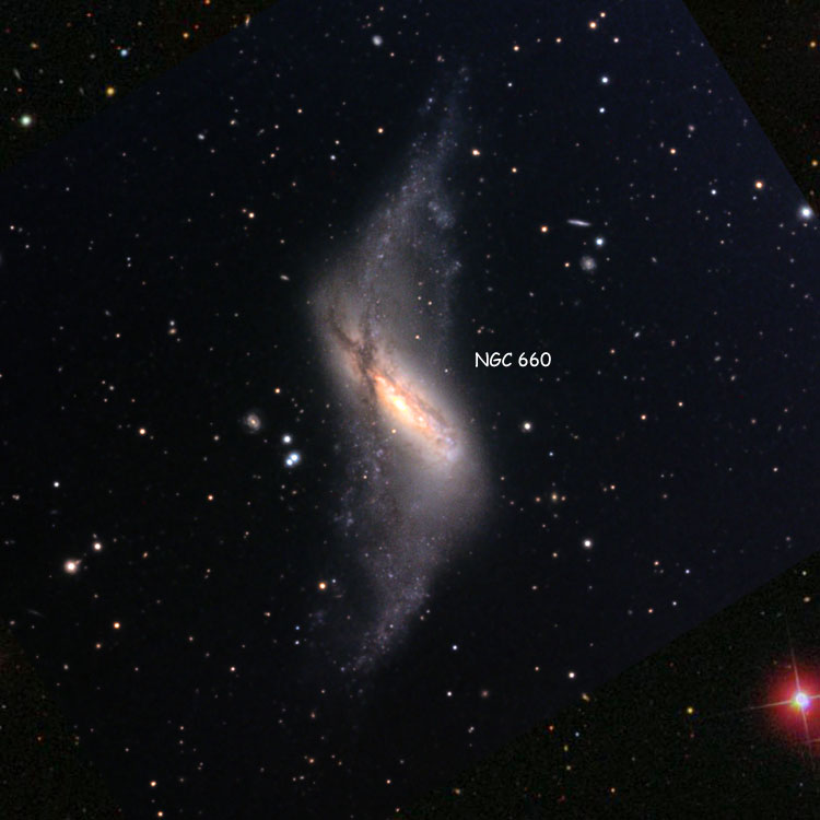 Wikimedia Commons image of region near spiral galaxy NGC 660, superimposed on an SDSS image to fill in missing areas