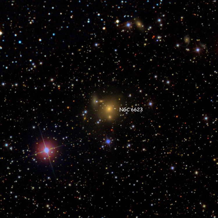 SDSS/DSS composite image of region near elliptical galaxy NGC 6623