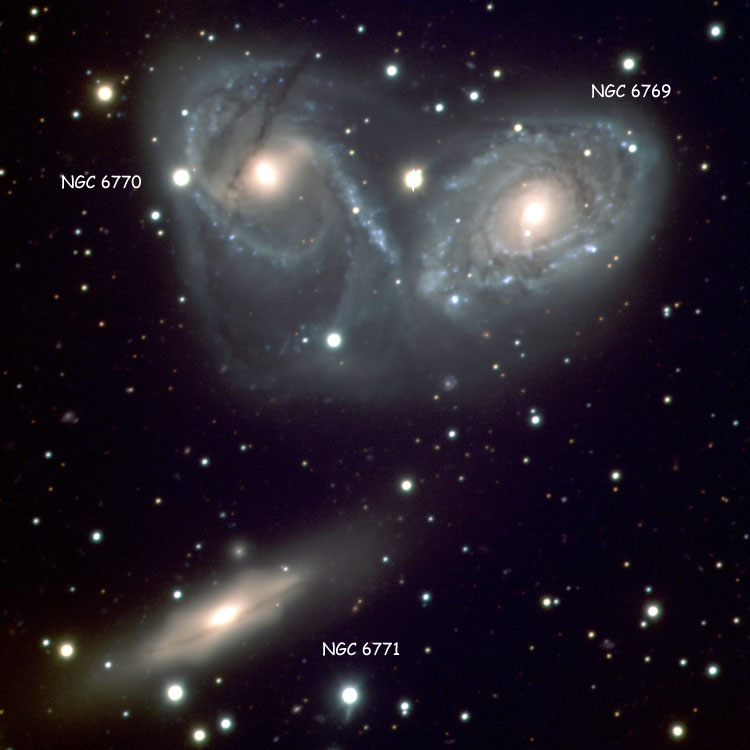 ESO image of the triple system known as the Devil's Mask: spiral galaxies NGC 6769 and 6770, and lenticular galaxy NGC 6771