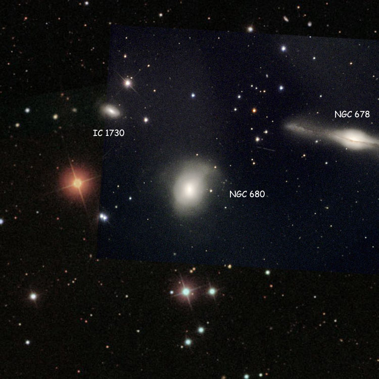 NOAO image of region near elliptical galaxy NGC 680, also showing spiral galaxies NGC 678 and IC 1730, superimposed on an SDSS background to fill in missing areas