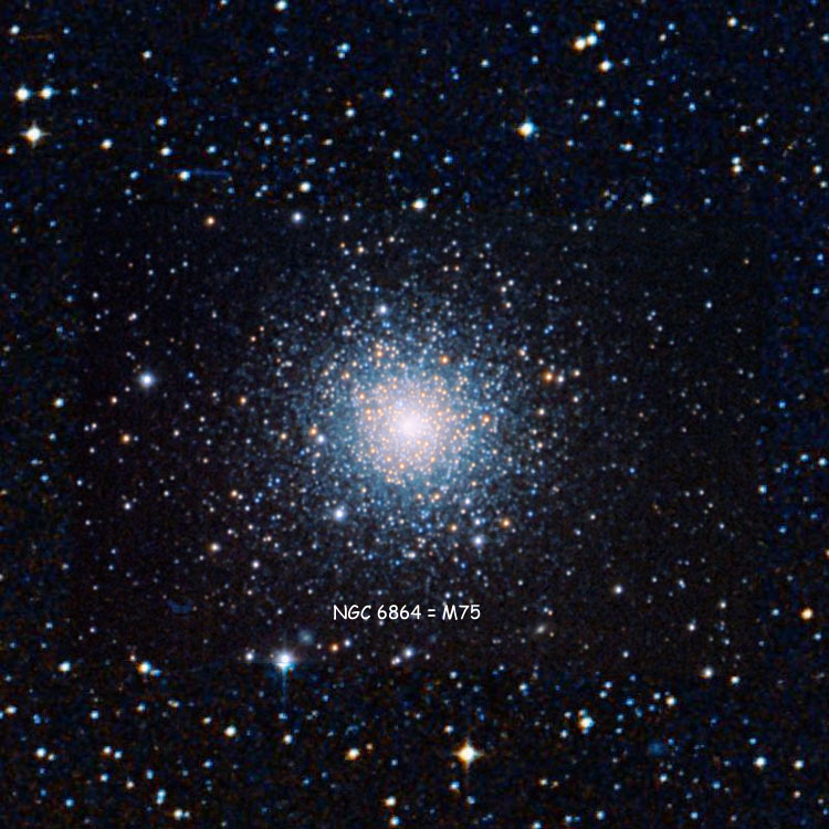 Misti Mountain Observatory image of globular cluster NGC 6864, also known as M75, overlaid on DSS image of region near the cluster to fill in areas not otherwise covered