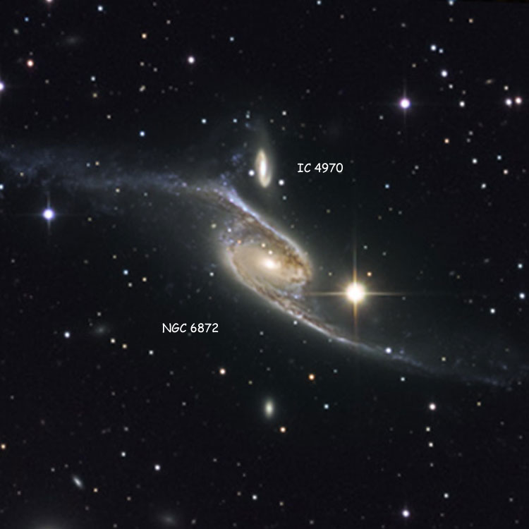 Capella Observatory image of spiral galaxy NGC 6872 and IC 4970, superimposed on a DSS image of region near the interacting pair
