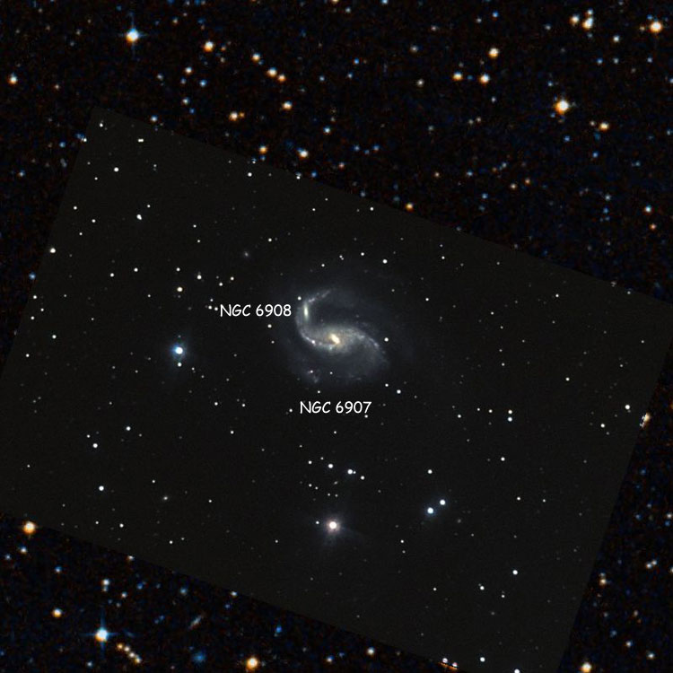 Superposition of NOAO image of region near spiral galaxy NGC 6907 and and lenticular galaxy NGC 6908 on a DSS background, to fill out the areas not covered by the NOAO image