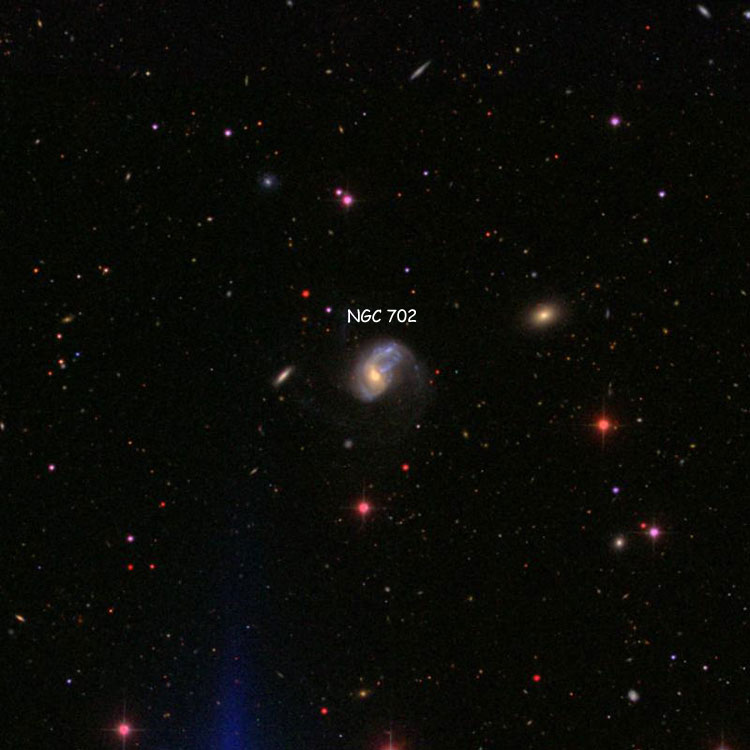 SDSS image of region near spiral galaxy NGC 702, also known as Arp 75