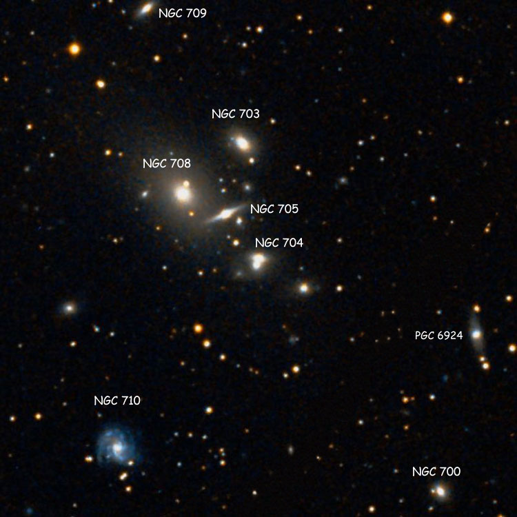 DSS image of region near lenticular galaxy NGC 704; also shown are NGC 700, NGC 703, NGC 705, NGC 708, NGC 709 and NGC 710, and PGC 6924, which is often misidentified as NGC 700