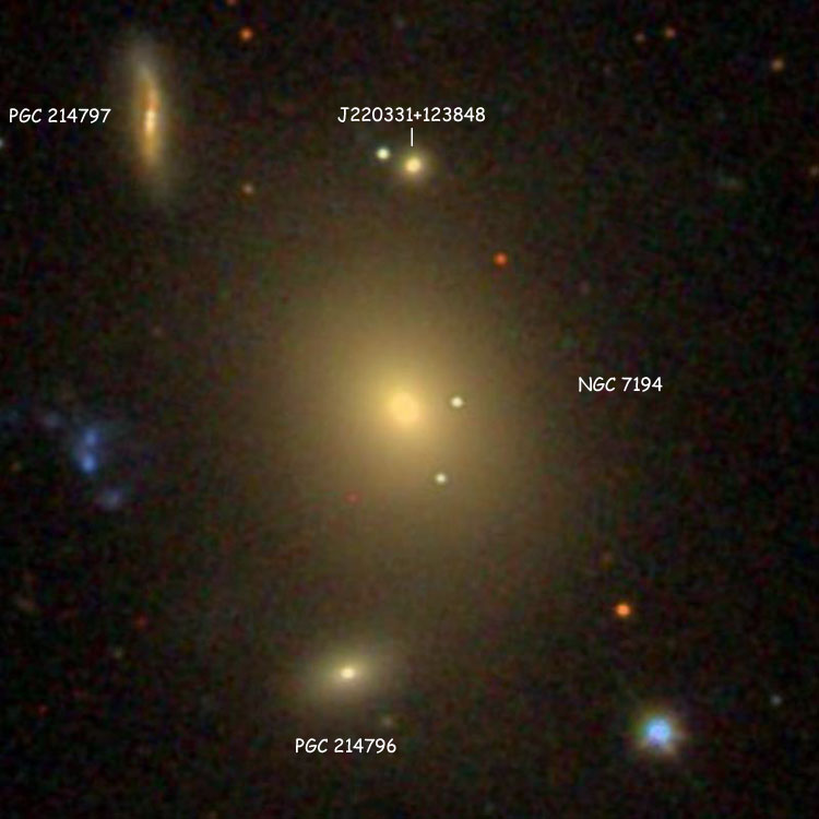 SDSS image of elliptical galaxy NGC 7194, also showing PGC 214796, PGC 214797 and J220331+123848