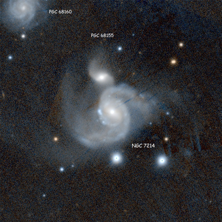 PanSTARRS image of spiral galaxy NGC 7214, a member of Hickson Compact Group 91, also showing PGC 68155 and PGC 68160