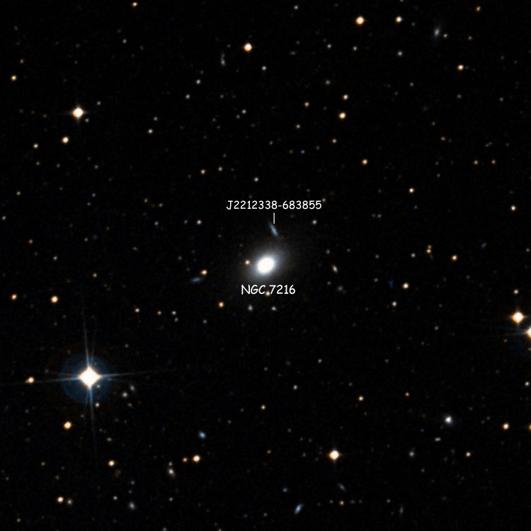 DSS image of region near lenticular galaxy NGC 7216, also showing 2MASXJ22123380-6838547