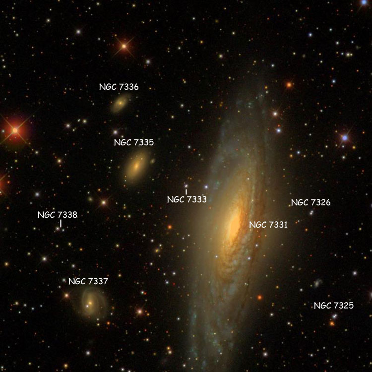 SDSS image of region near the double star listed as NGC 7333, also showing NGC 7331 and several other NGC objects