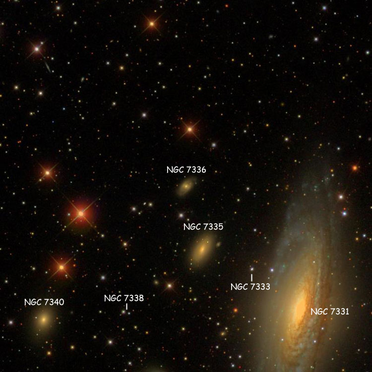 SDSS image of region near spiral galaxy NGC 7336, also showing the stars listed as NGC 7333 and NGC 7338, and galaxies NGC 7331, NGC 7335 and NGC 7340