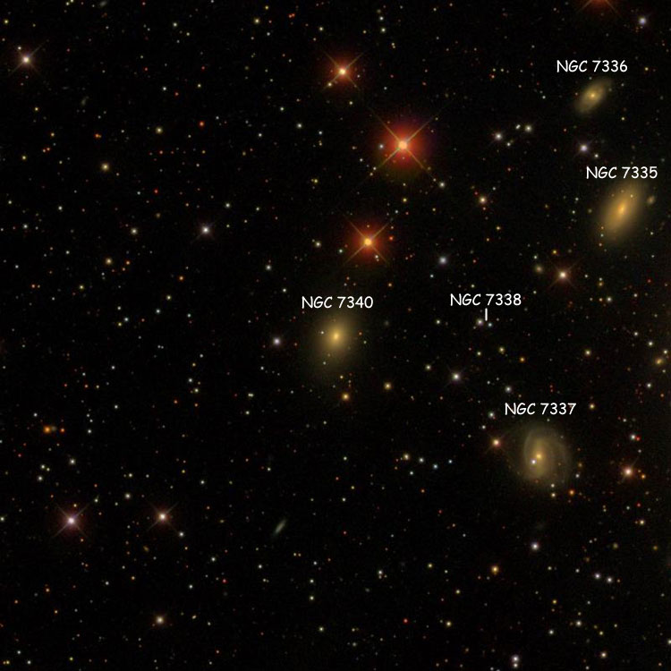 SDSS image of region near elliptical galaxy NGC 7340, also showing the pair of stars listed as NGC 7338, and galaxies NGC 7335, NGC 7336 and NGC 7337