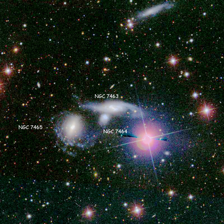 Exaggerated-exposure SDSS image of region near spiral galaxy NGC 7463 and elliptical galaxy NGC 7464, also showing polar-ring galaxy NGC 7465