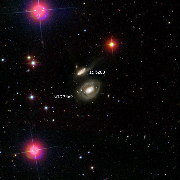 HST image of region near spiral galaxies NGC 7469 and IC 5283 (also known as Arp 298), overlaid on an SDSS background