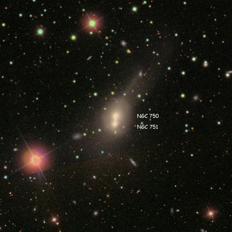 SDSS image of region near elliptical galaxies NGC 750 and 751