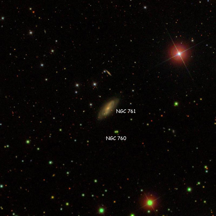 SDSS image of region near spiral galaxy NGC 761, also showing the pair of stars listed as NGC 760