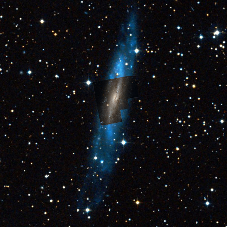HST image of the core of spiral galaxy NGC 7640, overlaid on a DSS image to show the location of the HST image