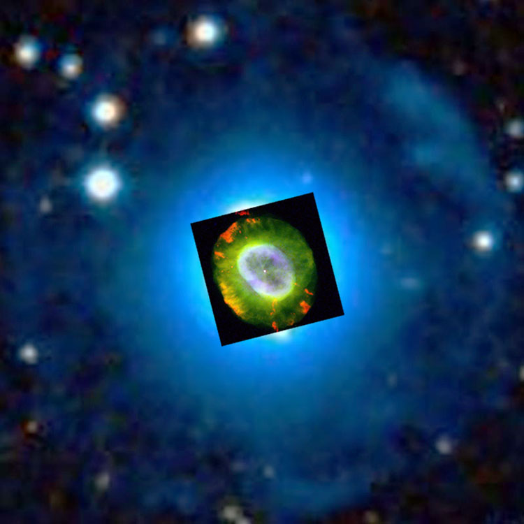 HST image of planetary nebula NGC 7662, also known as the Blue Snowball Nebula, superimposed on a DSS background to show the correct orientation of the image