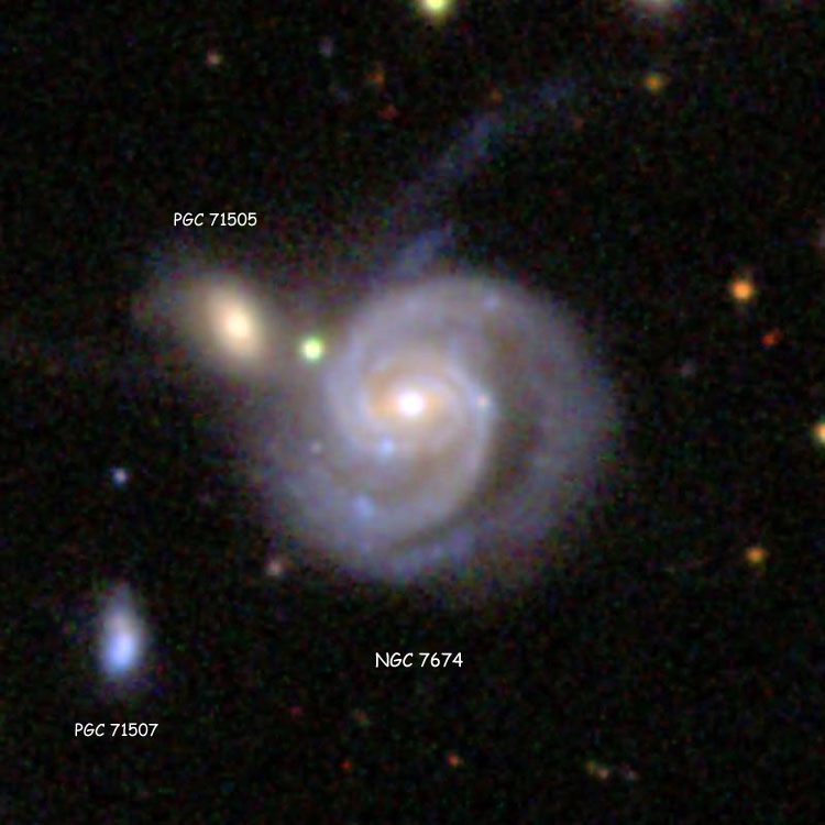 SDSS image of spiral galaxy NGC 7674, also showing PGC 71505 (which is sometimes called NGC 7674A) and PGC 71707