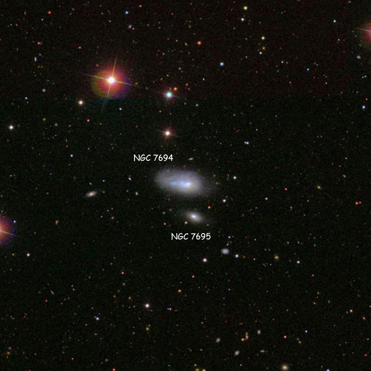SDSS image of region near irregular galaxy NGC 7694 and lenticular galaxy NGC 7695