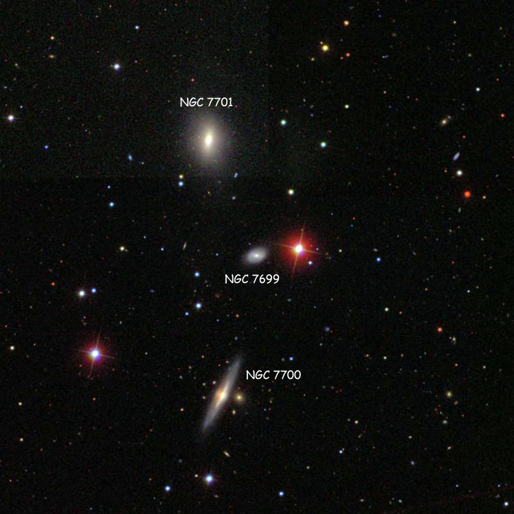 SDSS image of region near spiral galaxy NGC 7699, also showing NGC 7700 and 7701