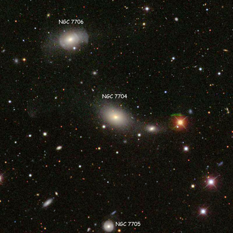 SDSS image of region near lenticular galaxy NGC 7704, also showing NGC 7705 and NGC 7706
