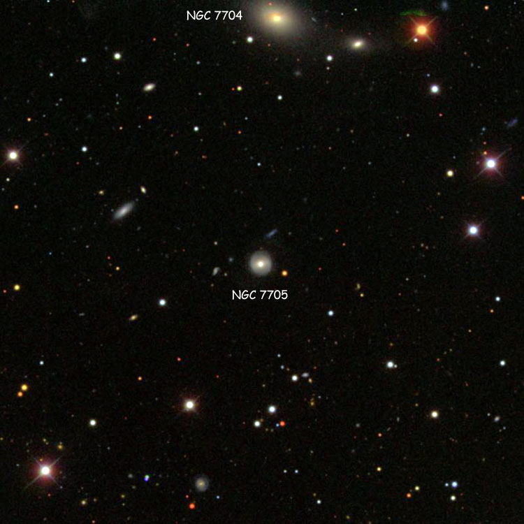 SDSS image of region near lenticular galaxy NGC 7705, also showing NGC 7704