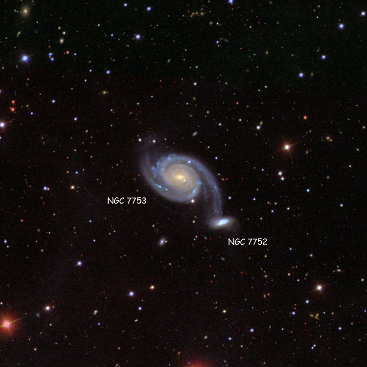 SDSS image of region near spiral galaxy NGC 7753 and its companion, NGC 7752, collectively known as Arp 86