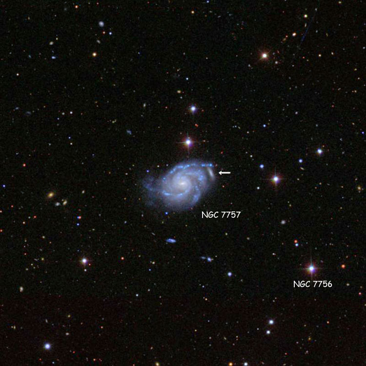 SDSS image of region near spiral galaxy NGC 7757, also known as Arp 68, showing the position of the emission region that led to the Arp listing with an arrow; also shown is the star listed as NGC 7756