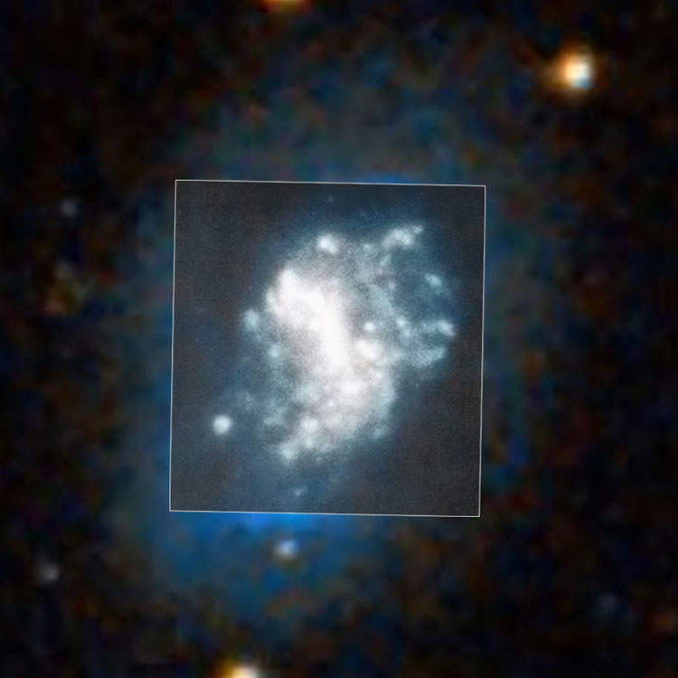 Superposition of a detailed image of the core of peculiar spiral galaxy NGC 7764 on a DSS background