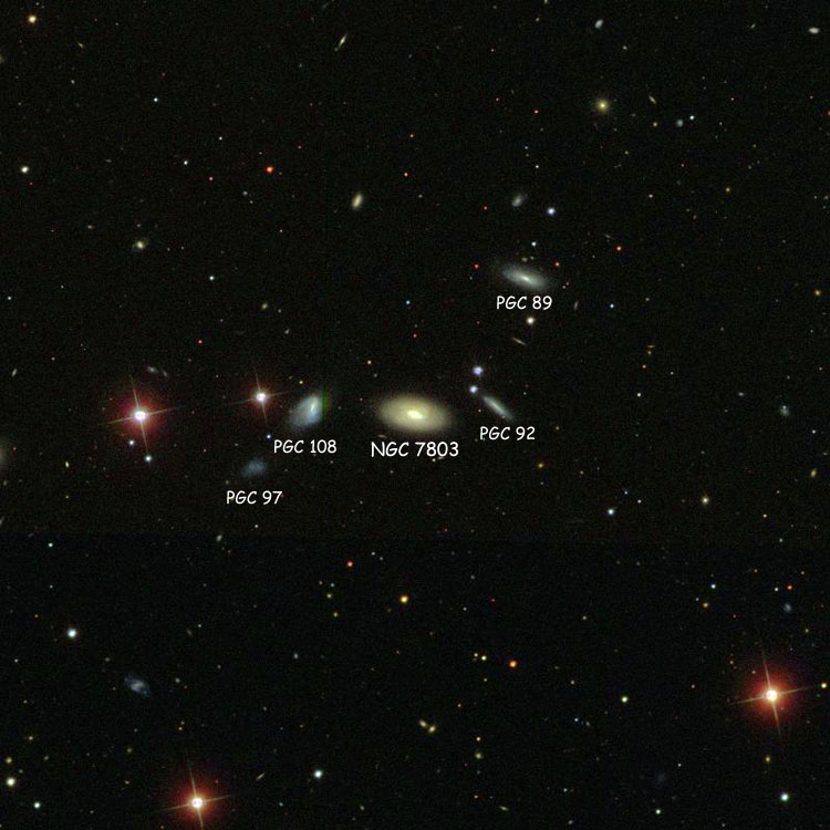 SDSS image of region near lenticular galaxy NGC 7803, also showing PGC 89, PGC 92 and PGC 108, with which it forms Hickson Compact Group 100; also shown is PGC 97