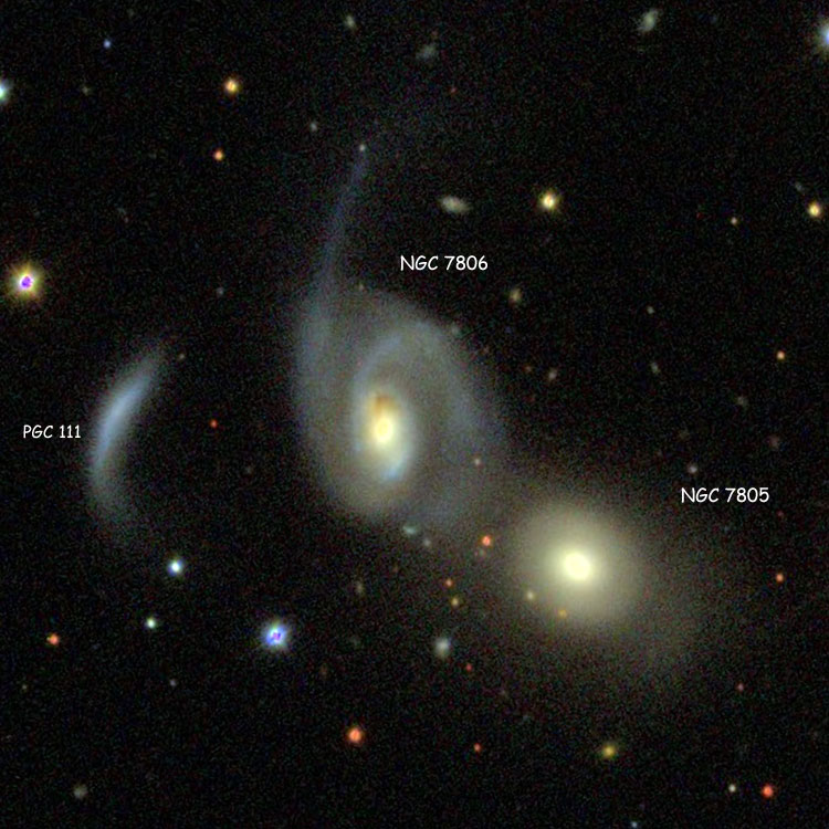 SDSS image of lenticular galaxy NGC 7805 and spiral galaxy NGC 7806, also known as Arp 112