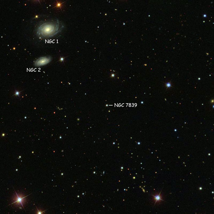 SDSS image of region near the star listed as NGC 7839, also showing NGC 1 and NGC 2