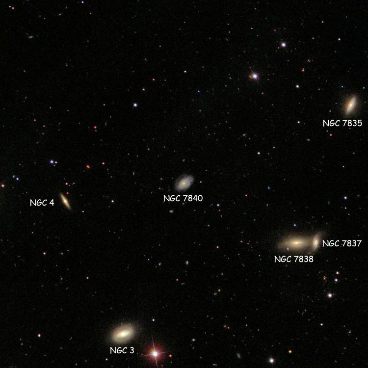 SDSS image of region near spiral galaxy NGC 7840, also showing NGC 7835, NGC 7837, NGC 7838, NGC 3 and NGC 4