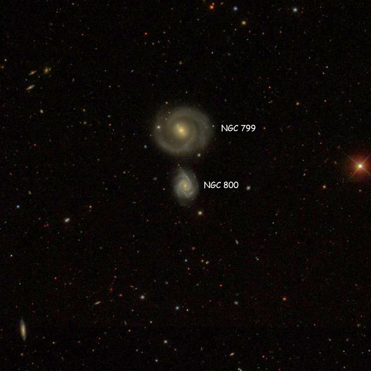 SDSS image of region near spiral galaxy NGC 800, also showing NGC 799
