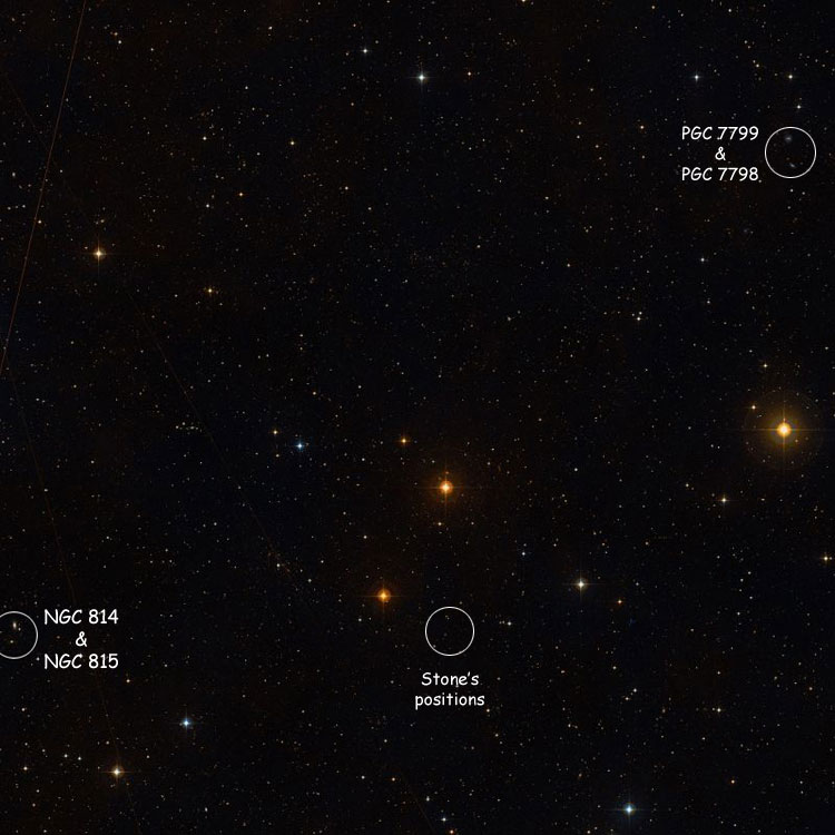 DSS image with circles showing Ormond Stone's positions for NGC 814 and 815, the position of the erroneous candidates PGC 7798 and 7799, and the position of the correct NGC objects