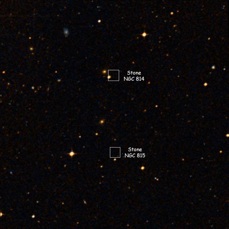 DSS image of the region near Ormond Stone's positions for NGC 814 and 815, shown by boxes for historical purposes
