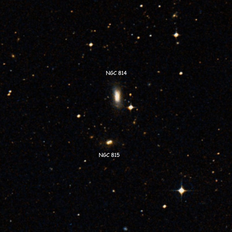 DSS image of region near lenticular galaxy PGC 8319, now identified as NGC 814, and spiral galaxy PGC 906183, now identified as NGC 815
