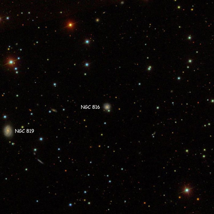SDSS image of region near spiral galaxy NGC 816, also showing NGC 819