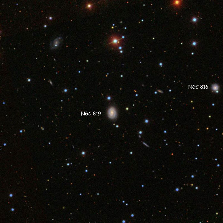 SDSS image of region near spiral galaxy NGC 819, also showing NGC 816