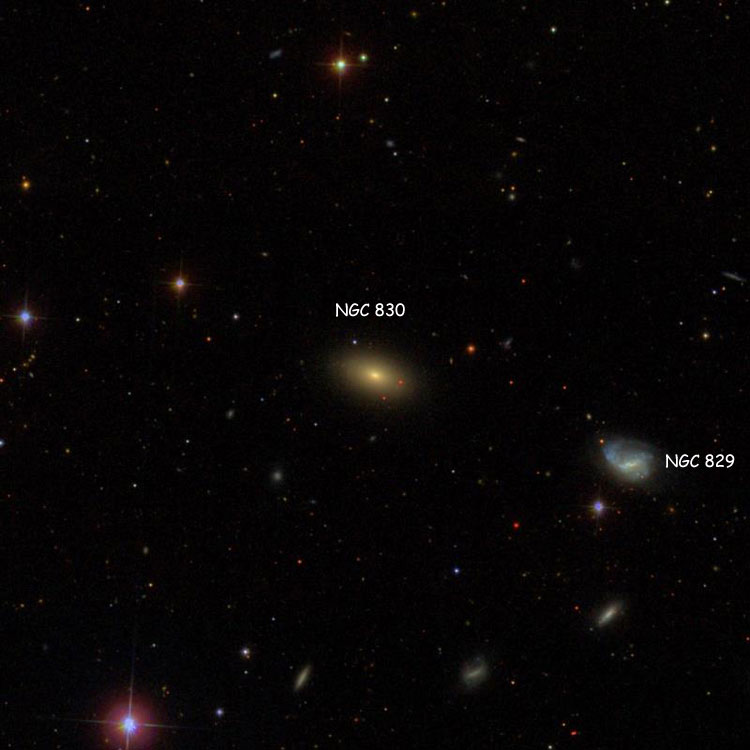 SDSS image of region near lenticular galaxy NGC 830, also showing NGC 829