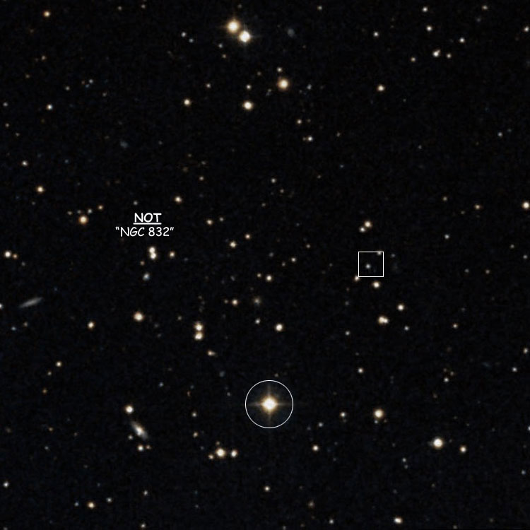 DSS image of the region between d'Arrest's position for NGC 832 (shown by a box) and the pair of stars formerly misidentified as what he actually observed