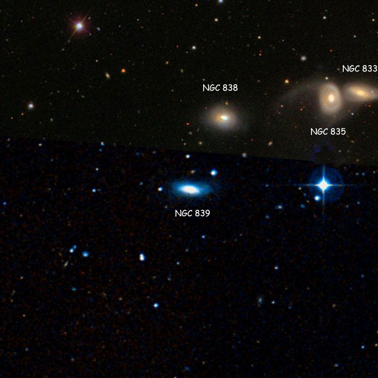 SDSS image of region near lenticular galaxy NGC 839, also showing NGC 833, NGC 835 and NGC 838, which with NGC 839 are called Arp 318, also known as Hickson Compact Group 16, overlaid on a DSS background to fill in missing areas