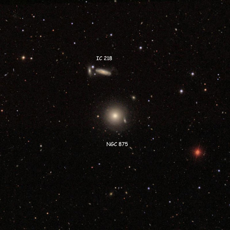SDSS image of region near lenticular galaxy NGC 875, also showing IC 218