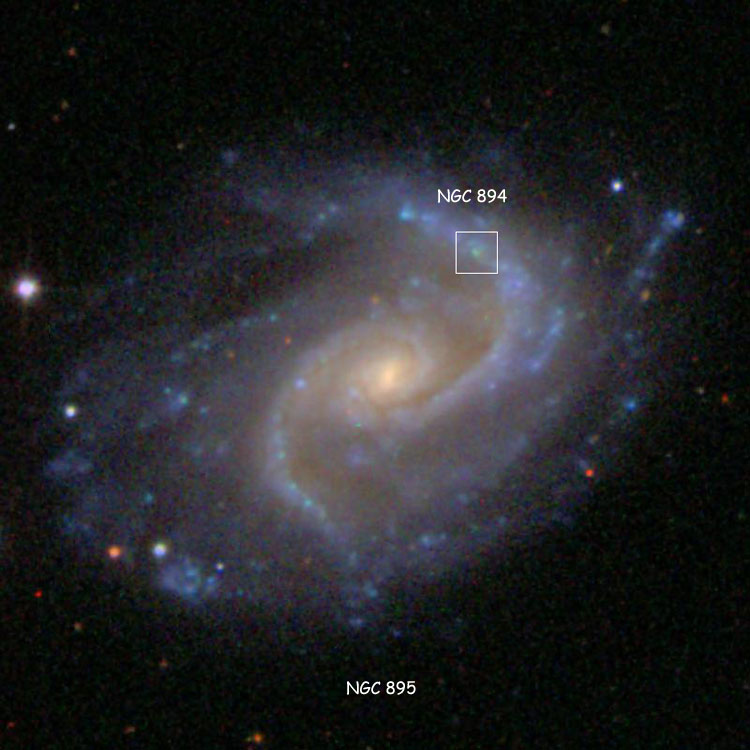 SDSS image of spiral galaxy NGC 895, with a box showing the emission region listed as NGC 894