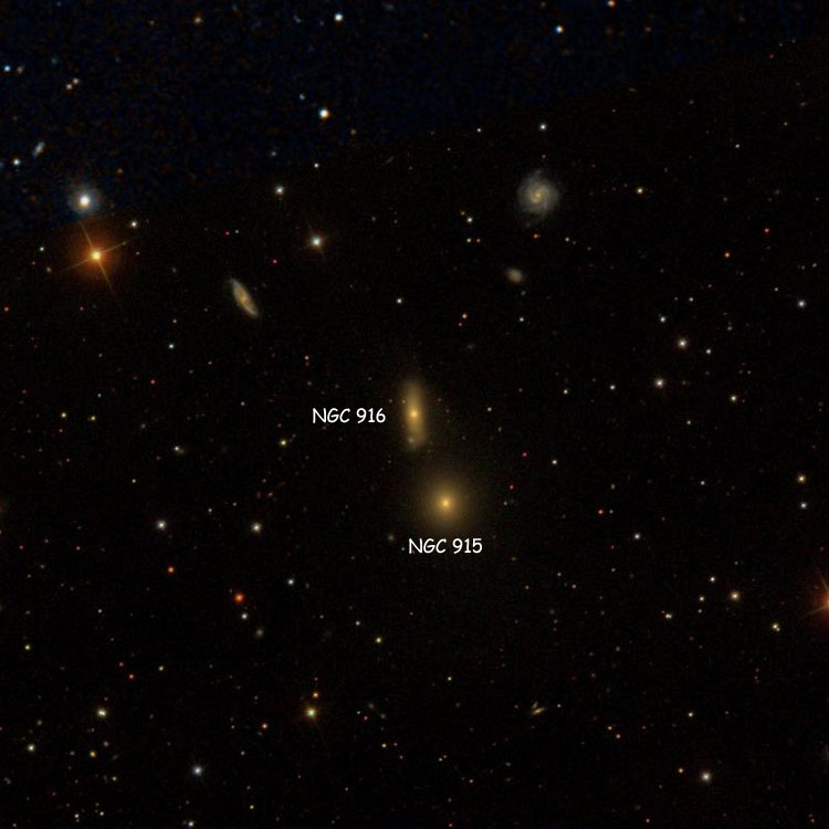 SDSS image of region near lenticular galaxy NGC 916, overlaid on a DSS background to fill in missing areas; also shown is NGC 915