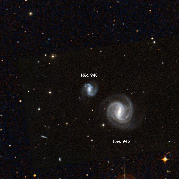 NOAO image of region near spiral galaxy NGC 948, superimposed on a DSS background to fill in missing areas, also showing NGC 945