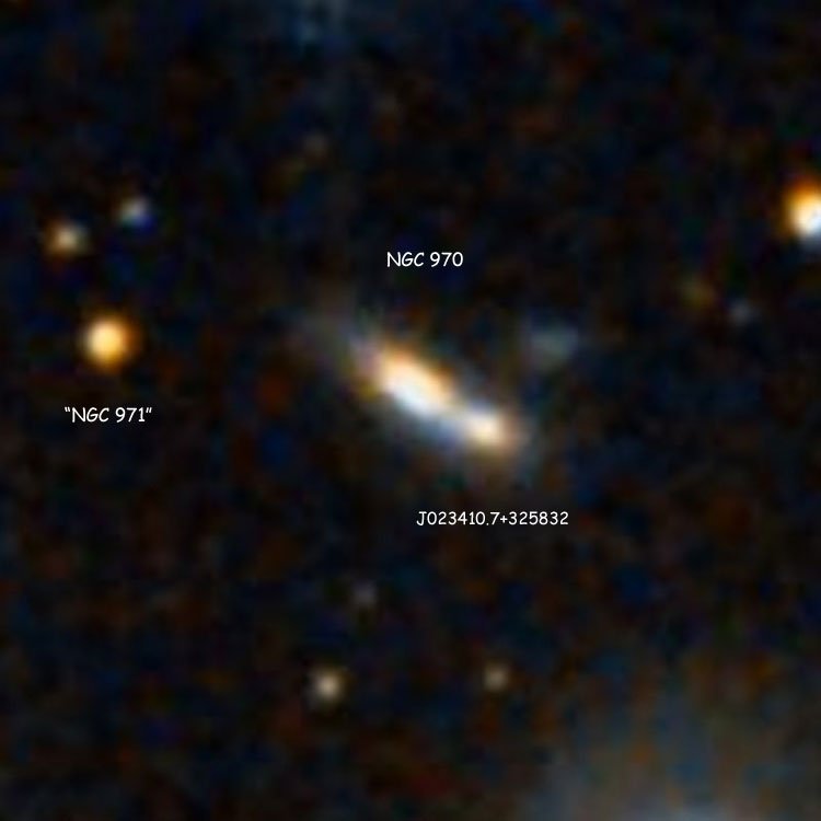 DSS image of spiral galaxy NGC 970, also showing the star listed as NGC 971 and J023410.7+325832, the galaxy sometimes misidentified as NGC 971
