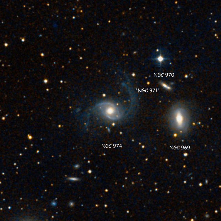 DSS image of region near spiral galaxy NGC 974, also showing NGC 969, NGC 970, and the star listed as NGC 971